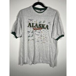 Vintage 90s Alaska wildlife graphic nature gray green tshirt L eagles wolf